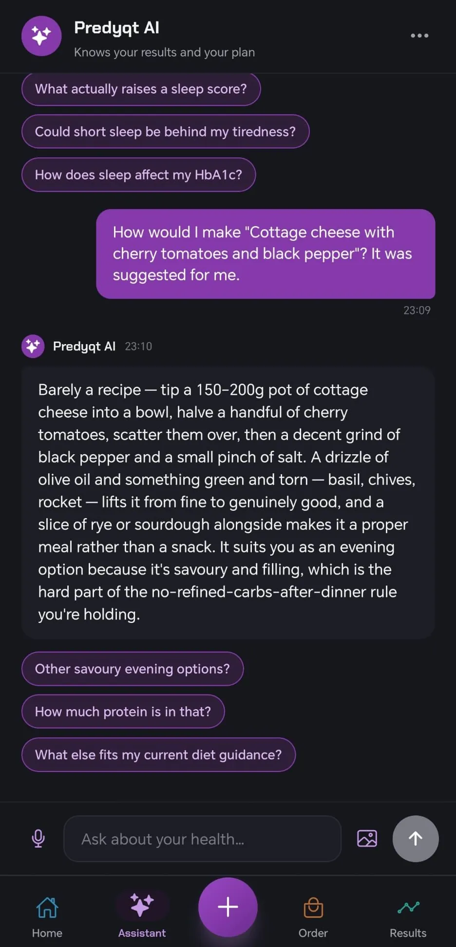 A conversation with Predyqt AI about how to make a suggested dish, answered with the plan’s evening rule in mind.