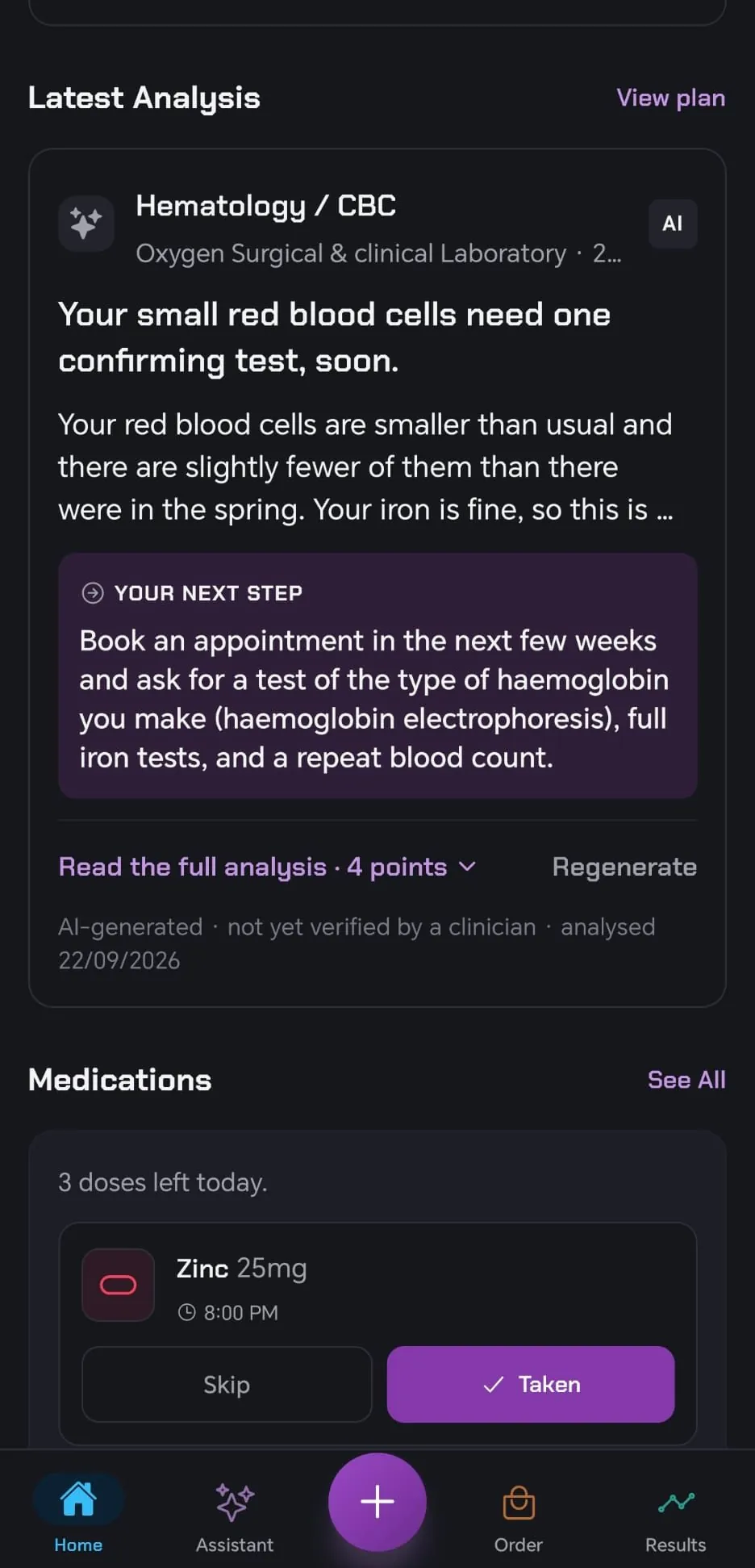 The latest analysis of a blood count, headed in plain words, with one next step and a note that it is AI-generated and not yet verified by a clinician.