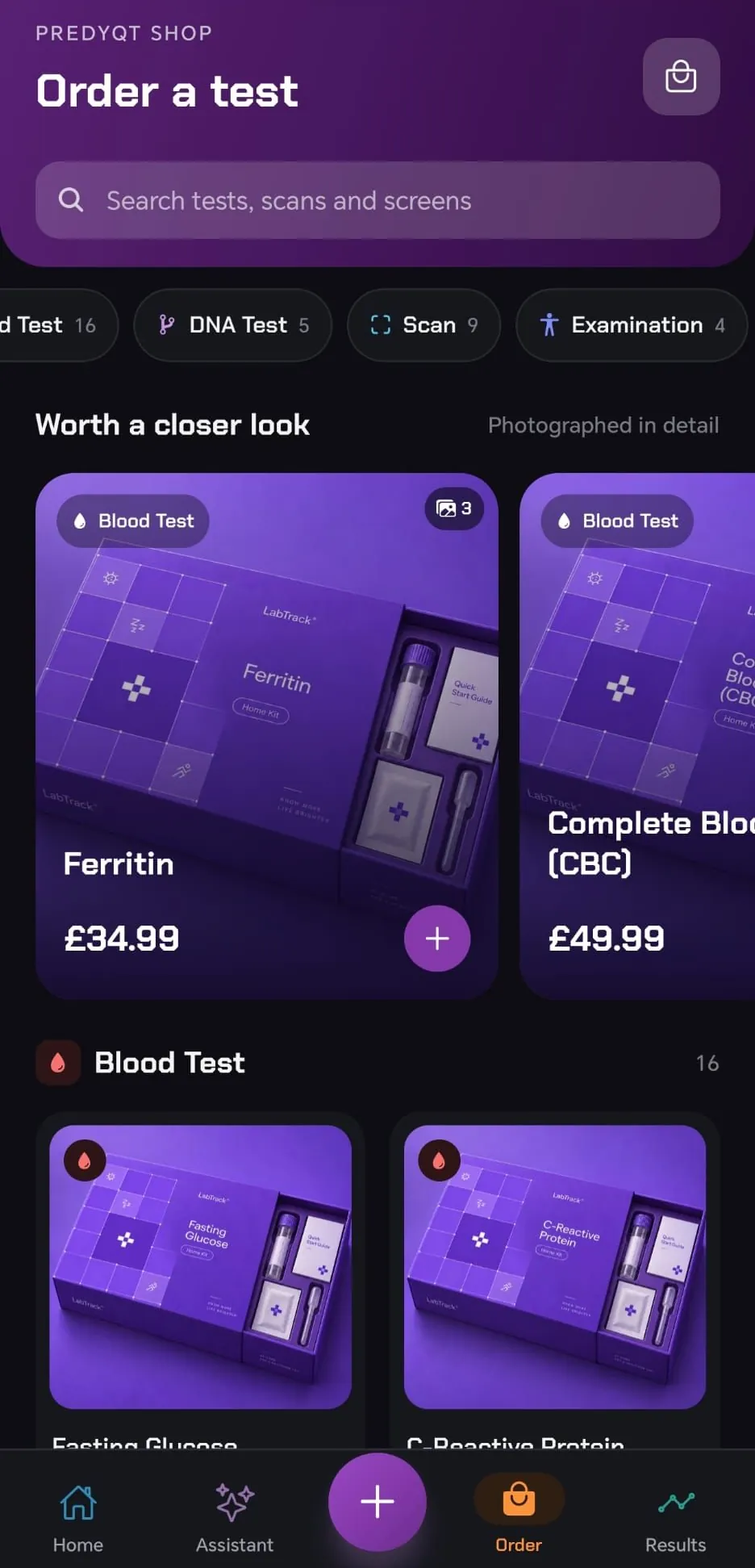 The shop: search, test categories, and home test kits with their prices.